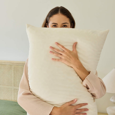 A young woman hiding her face behind an Avec Goods Hybrid Pillow